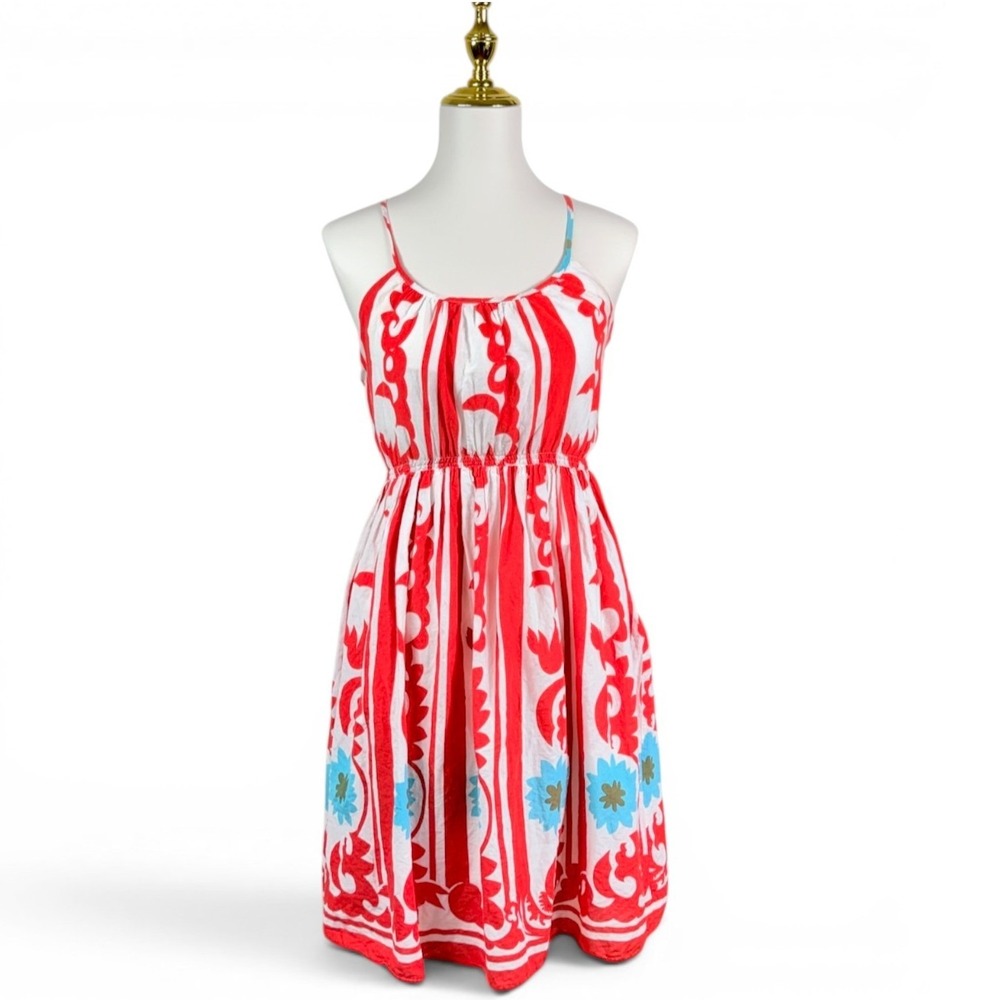 Wet Seal Y2K Sundress Red White Blue Floral Stripe Cottagecore M Folk Graduation